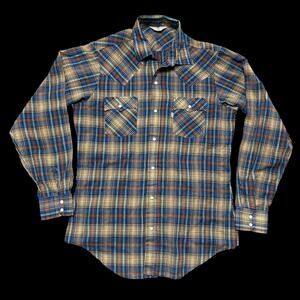 Vintage 70s Levi’s Western Pearl Snap Shirt Plaid Gold Thread Cowboy Sz M